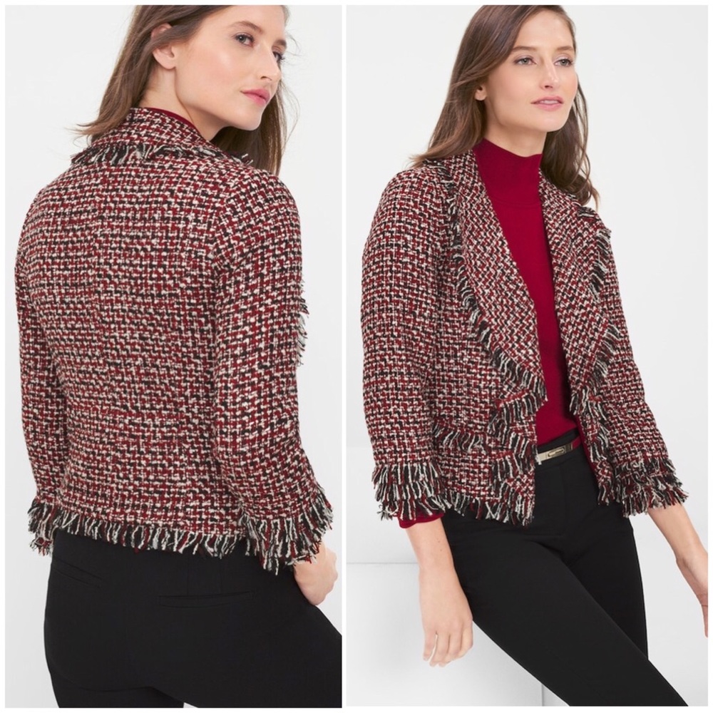 White House Black Market WHBM Tweed Jacket With Fringe